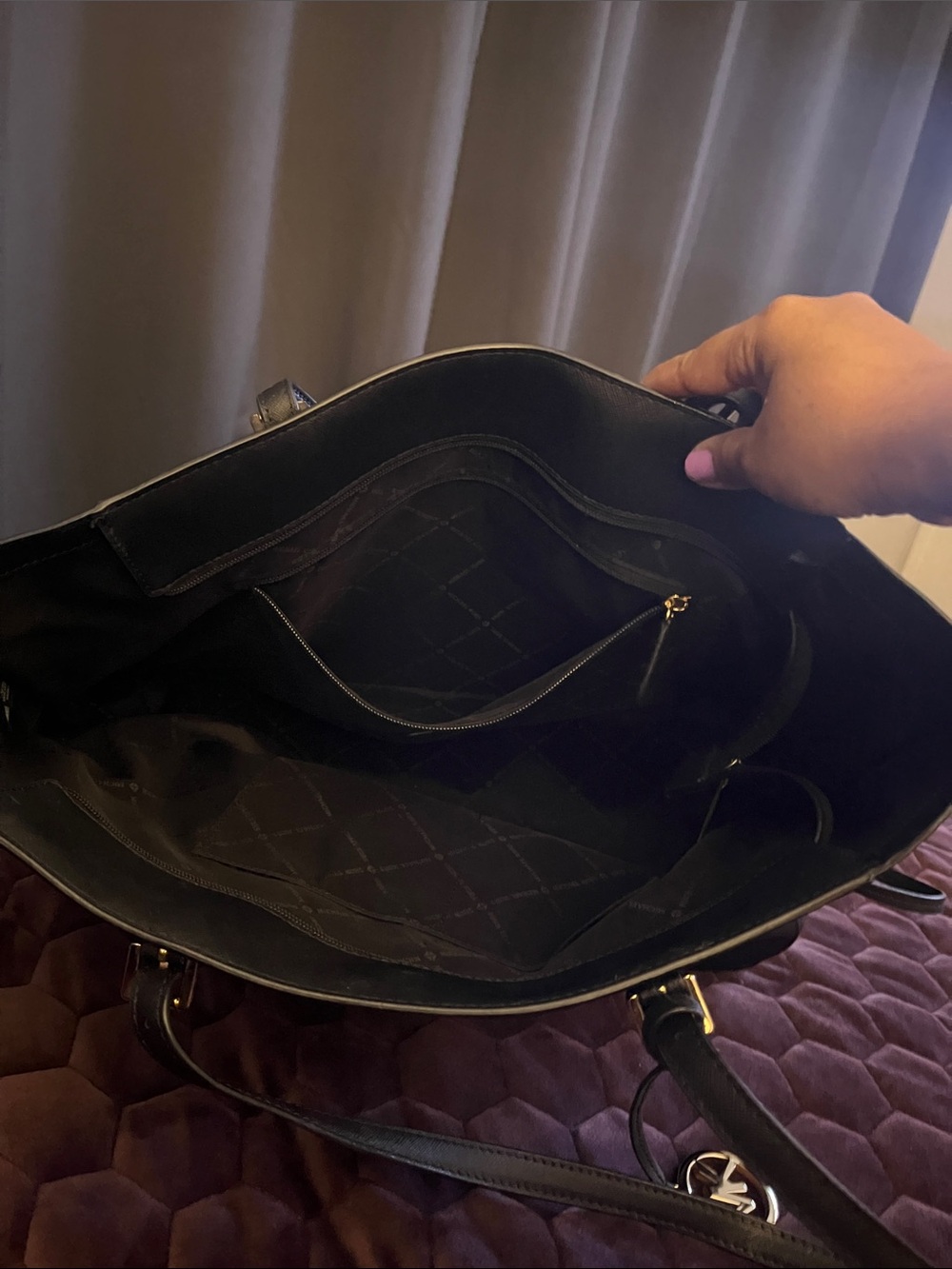 Michael Kors Black Leather Tote with Gold MK Charm - Picture 3 of 5
